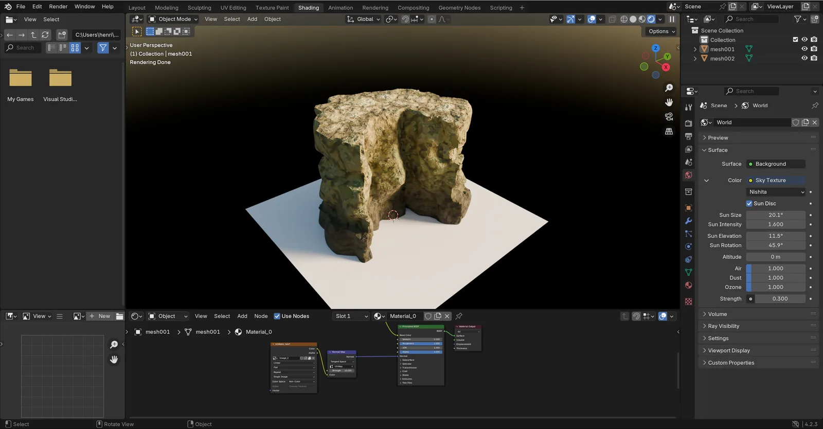 Un rocher exporté de TesselBee en glTF, ouvert dans Blender avec ses matériaux