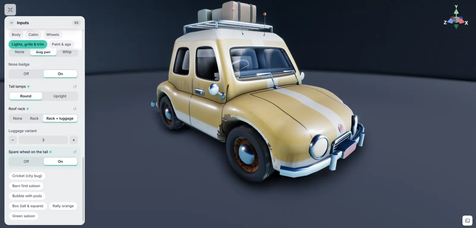 Le panneau Inputs d'un configurateur de voiture, ouvert sur l'onglet phares et chromes, à côté d'une voiture jaune vieillie